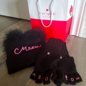 BNWT Kate Spade Meow Beanie and Flip Mittens Set